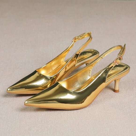 🆕Women’s Gold PU Low Kitten Heel Slingback Pump Sandals, Pointed Toe Heeled - Picture 8 of 8